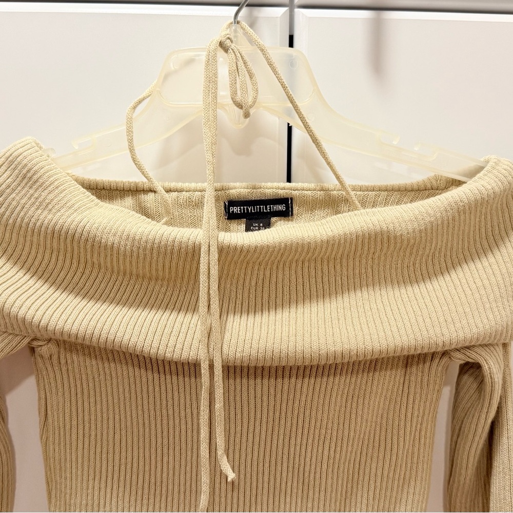 PrettyLittleThing Beige Ribbed Off-Shoulder Fold-Over Sweater